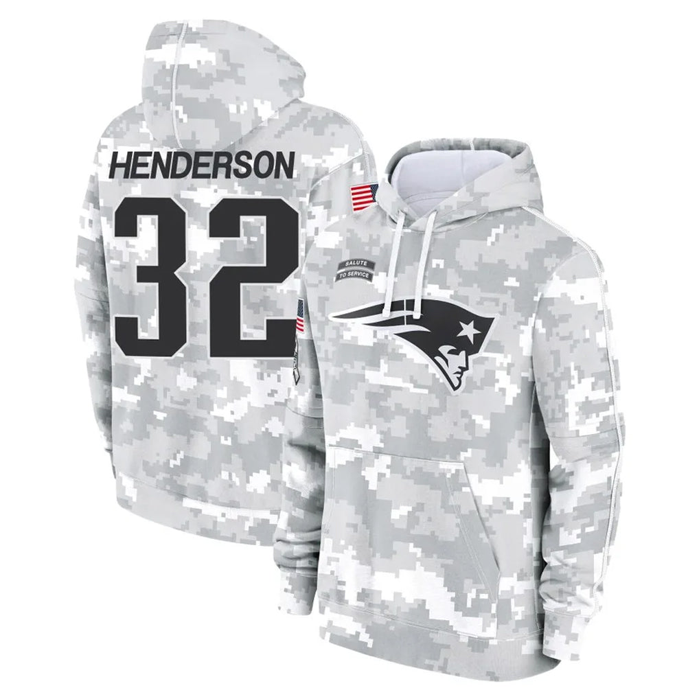Kdoa NE.Patriots #32 TreVeyon Henderson Player Arctic Camo Salute to Service Pullover Hoodies Limited Game Stitched Jerseys