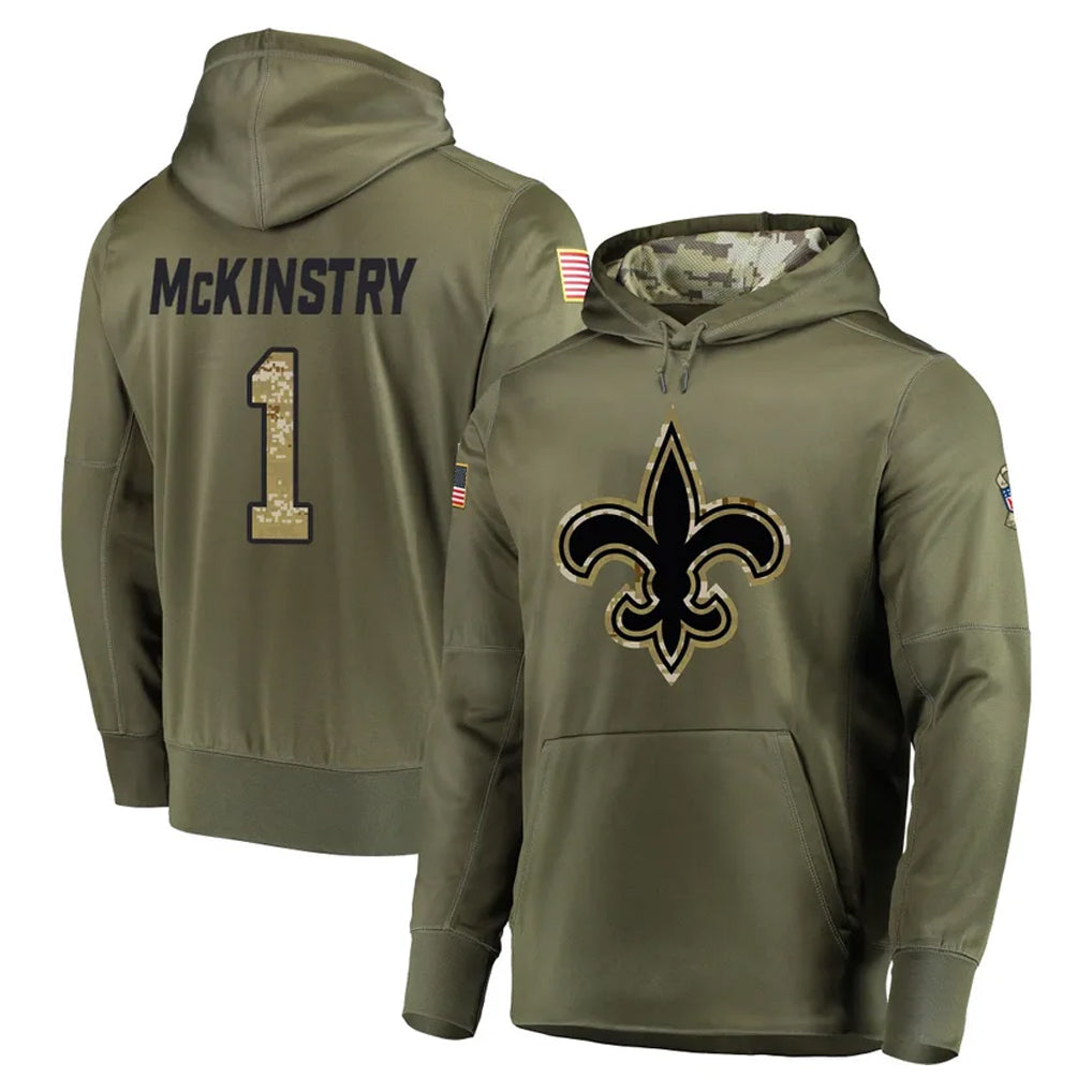 Kdoa NO.Saints #1 Kool-Aid McKinstry Player Olive Salute to Service Pullover Hoodies Home Game Stitched Jerseys