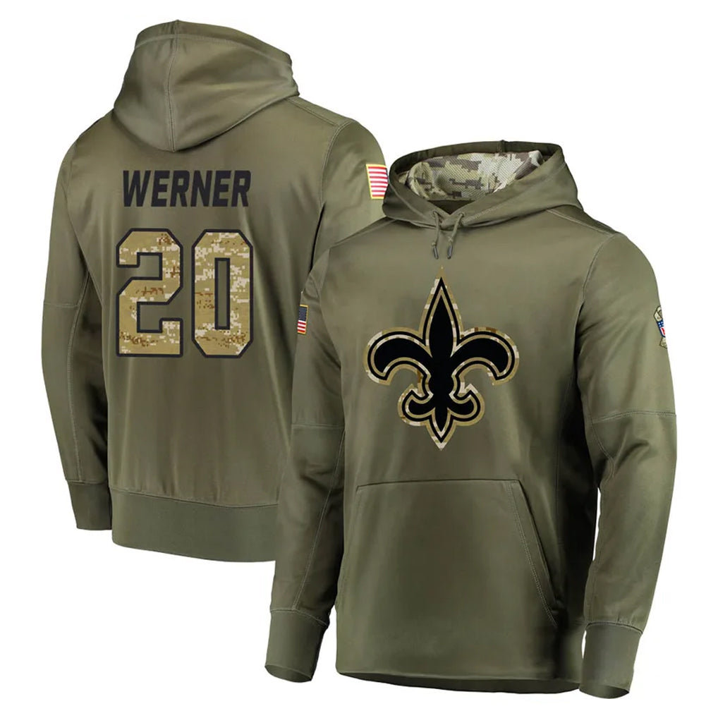 Kdoa NO.Saints #20 Pete Werner Player Olive Salute to Service Pullover Hoodies Home Game Stitched Jerseys