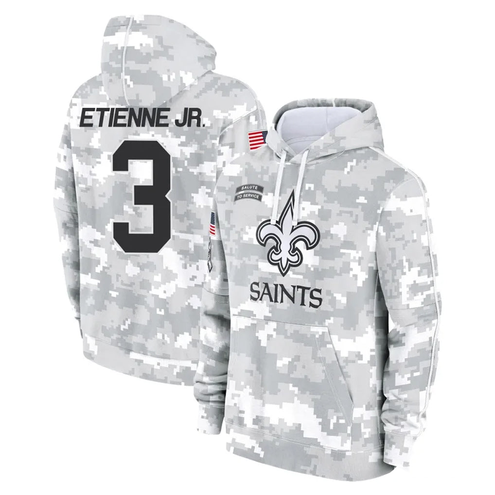 Kdoa NO.Saints #3 Travis Etienne Jr. Player Arctic Camo Salute to Service Pullover Hoodies Limited Game Stitched Jerseys