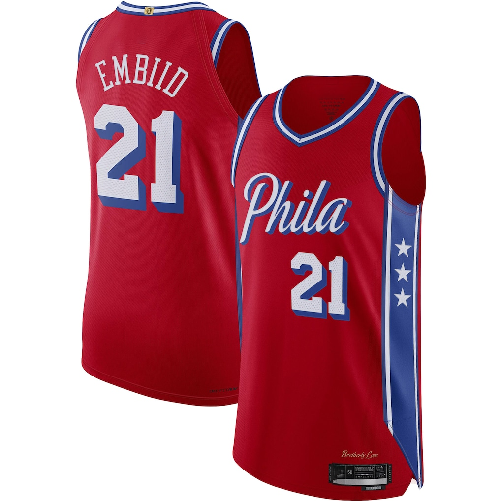 Kdoa P.76ers #21 Joel Embiid Jordan Brand Red Authentic Player Jerseys - Statement Edition