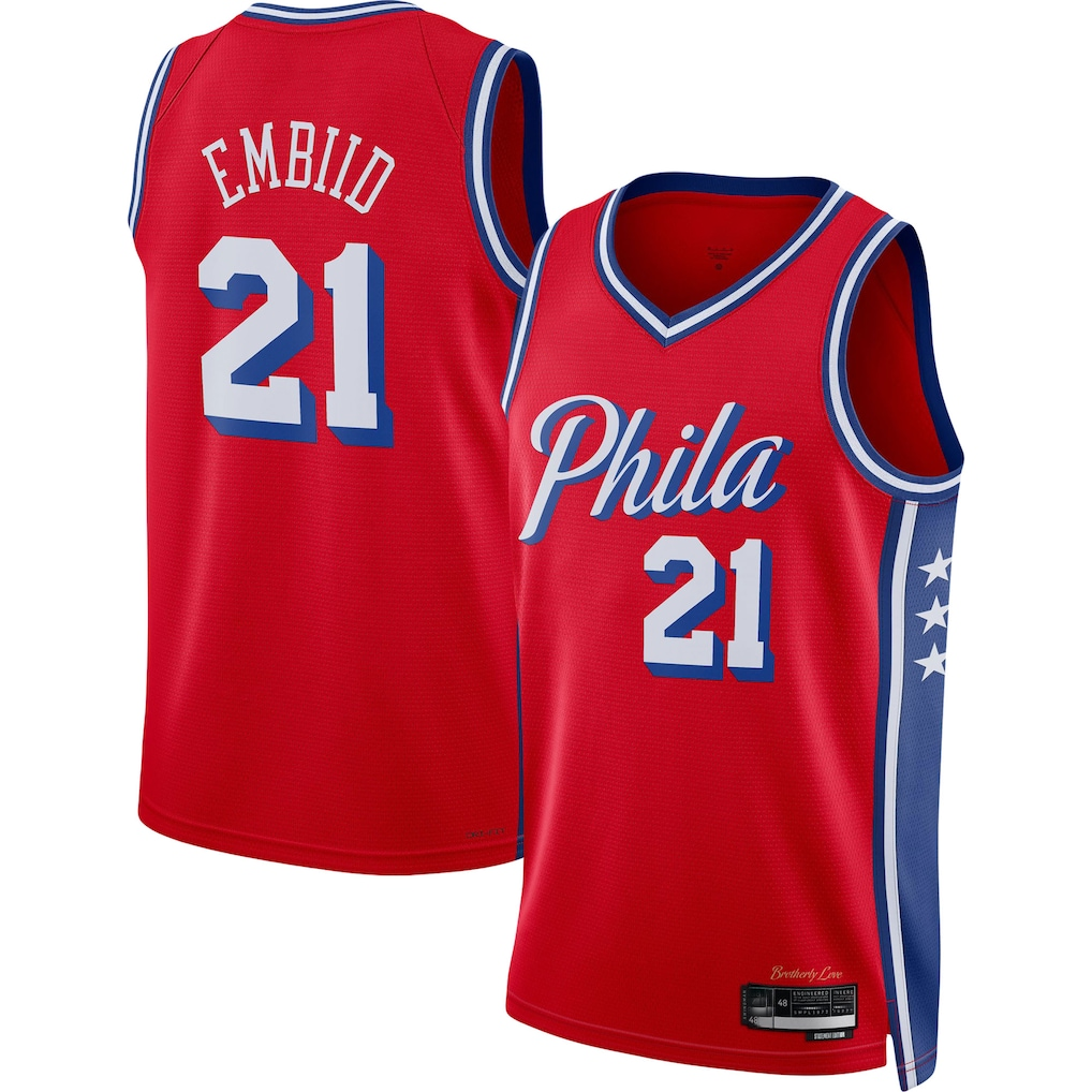 Kdoa P.76ers #21 Joel Embiid Jordan Brand Red Swingman Jerseys - Statement Edition