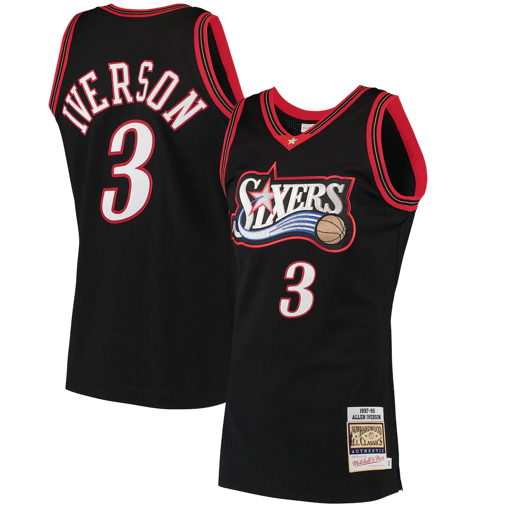 Kdoa P.76ers #3 Allen Iverson Mitchell & Ness Black 1997-98 Hardwood Classics Authentic Jerseys