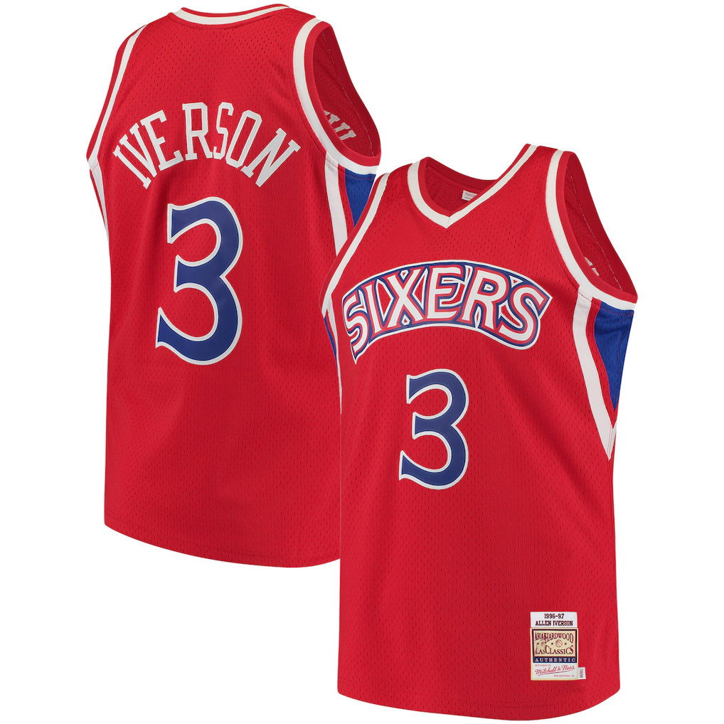 Kdoa P.76ers #3 Allen Iverson Mitchell & Ness Red 199697 Hardwood Classics Authentic Jerseys