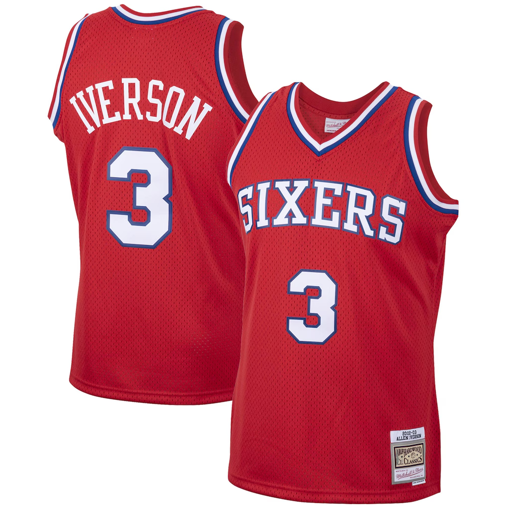 Kdoa P.76ers #3 Allen Iverson Mitchell & Ness Red 2002-03 Hardwood Classics Swingman Jerseys
