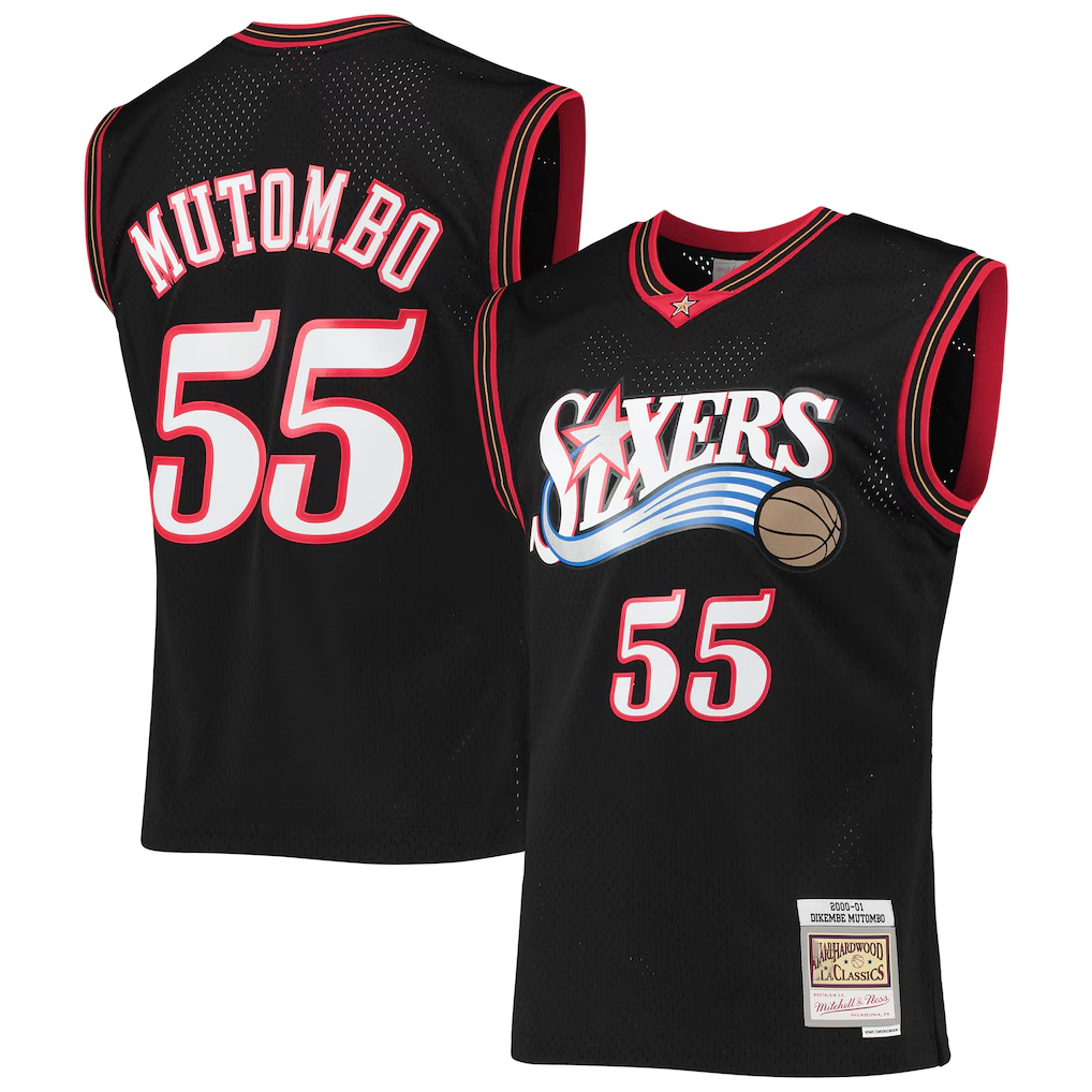 Kdoa P.76ers #55 Dikembe Mutombo Mitchell & Ness Black Hardwood Classics Swingman Jerseys