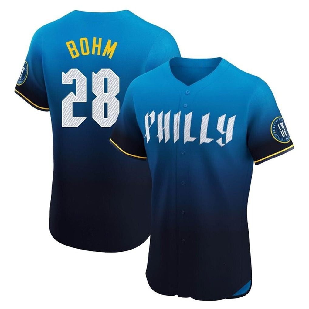 Kdoa P.Phillies #28 Alec Bohm Player Blue City Connect Home Limited Elite Stitched Jerseys