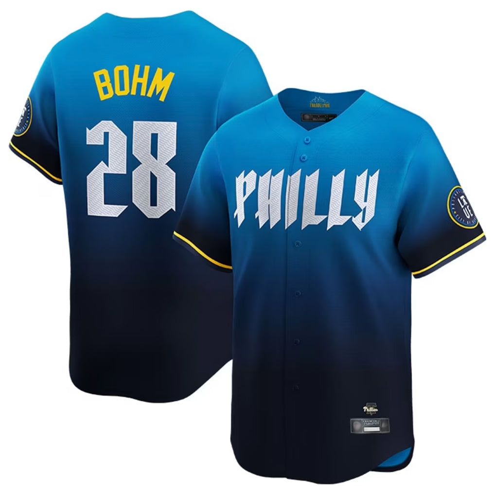 Kdoa P.Phillies #28 Alec Bohm Player Blue City Connect Home Limited Stitched Jerseys