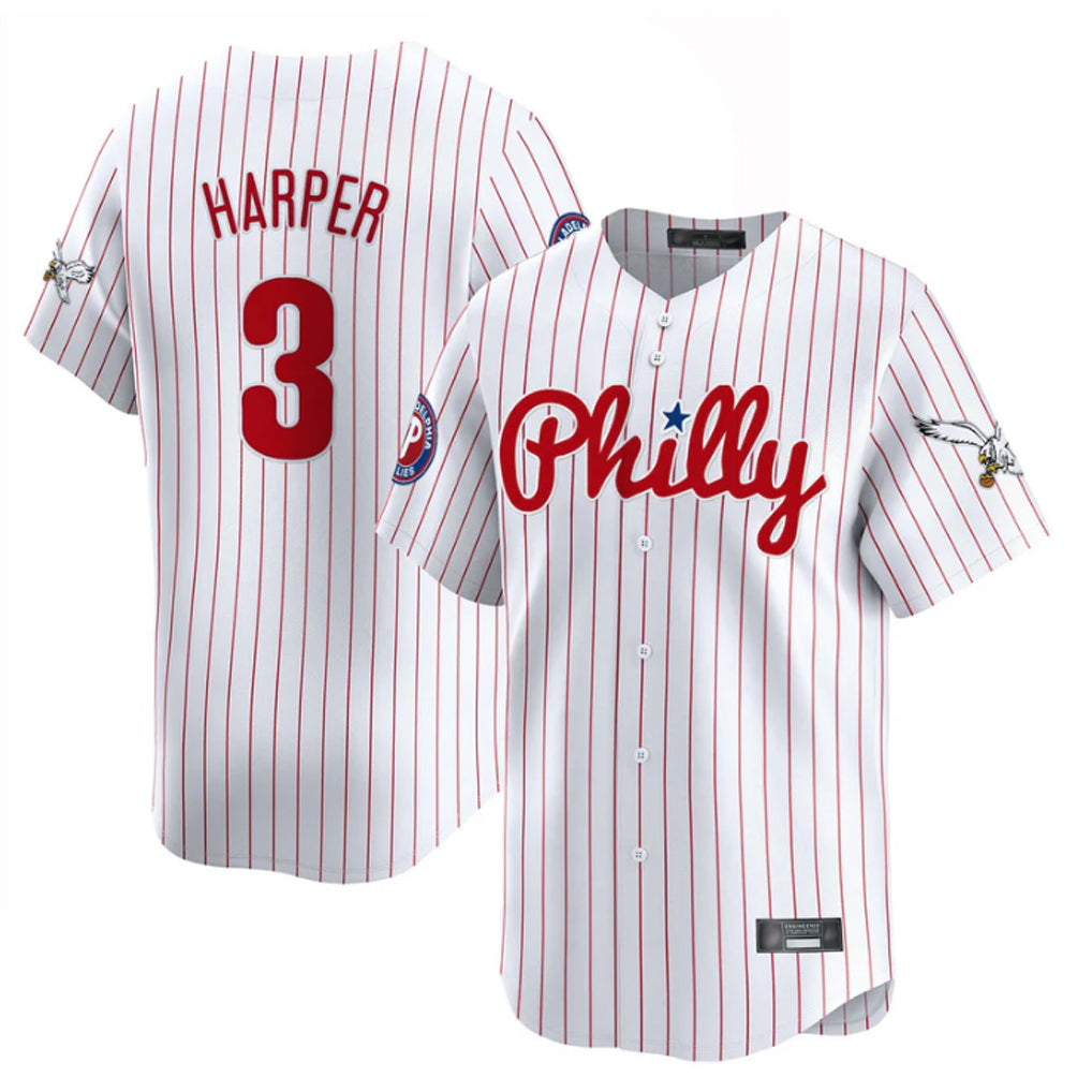 Kdoa P.Phillies #3 Bryce Harper Player White Pinstripe Phillies & Eagles Vapor Premier Limited Stitched Jerseys