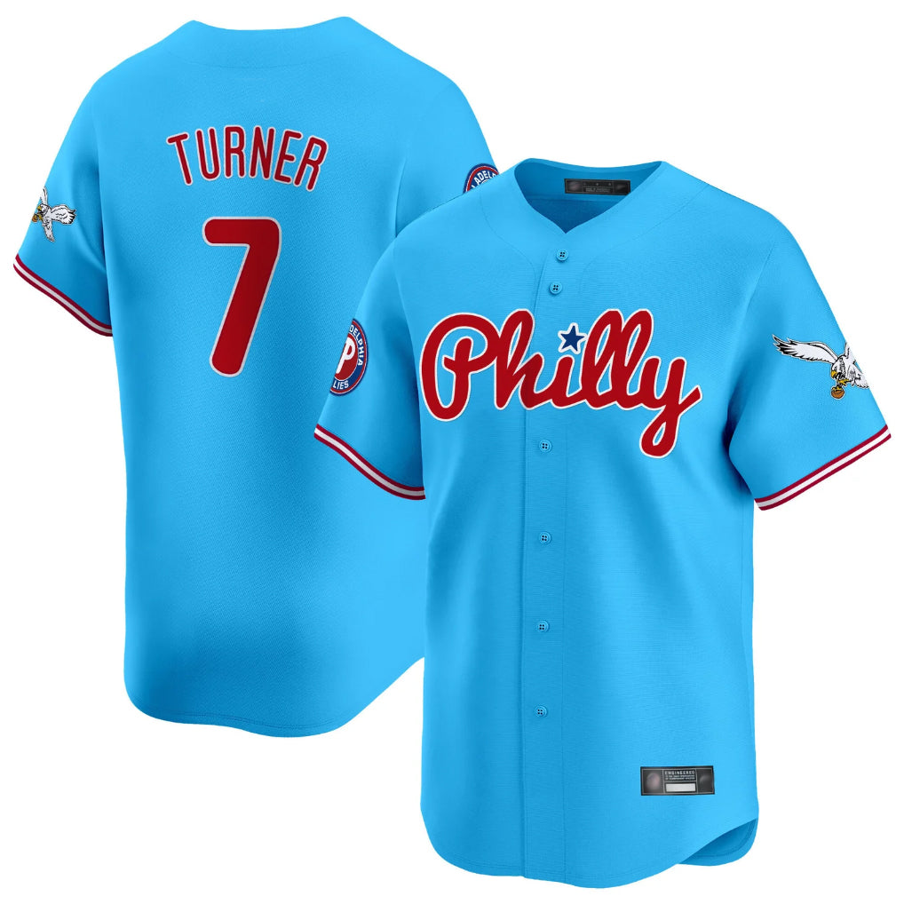 Kdoa P.Phillies #7 Trea Turner Player Light Blue Phillies & Eagles Vapor Premier Limited Stitched Jerseys