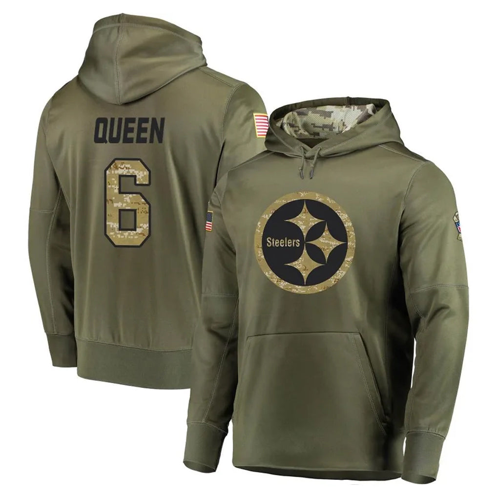 Kdoa P.Steelers #6 Patrick Queen Player Olive Salute to Service Pullover Hoodie Home Game Stitched Jerseys