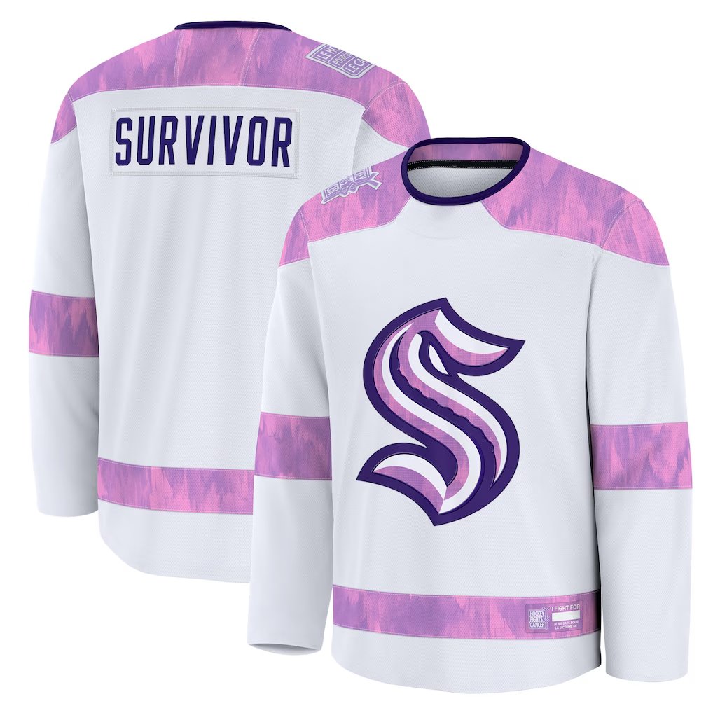 Kdoa S.Kraken White Hockey Fights Cancer Survivor Practice Jerseys