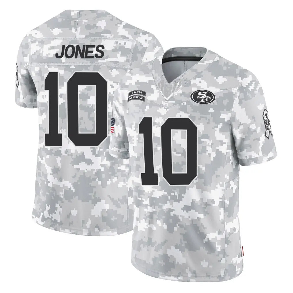 Kdoa SF.49ers #10 Mac Jones Player Arctic Camo Limited Salute To Service Home Game Stitched Jerseys