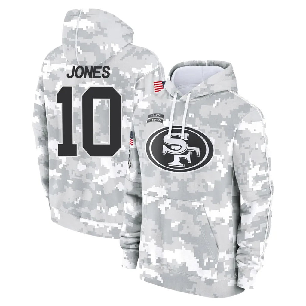 Kdoa SF.49ers #10 Mac Jones Player Arctic Camo Limited Salute to Service Pullover Hoodies Game Stitched Jerseys
