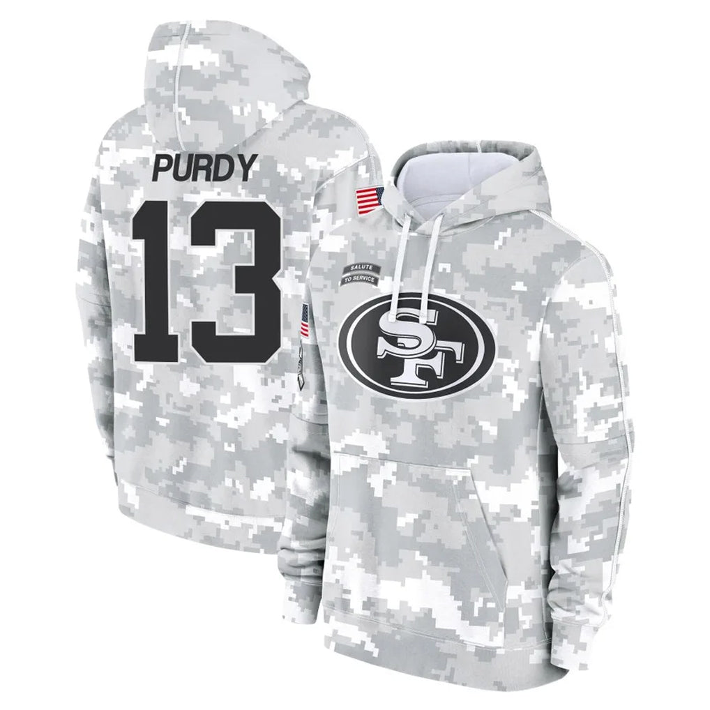 Kdoa SF.49ers #13 Brock Purdy Player Arctic Camo Limited Salute to Service Pullover Hoodies Game Stitched Jerseys