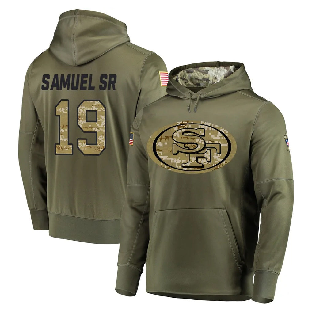 Kdoa SF.49ers #19 Deebo Samuel Sr. Player Olive Salute to Service Pullover Hoodie Home Game Stitched Jerseys