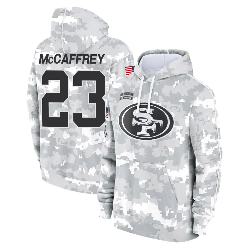 Kdoa SF.49ers #23 Christian McCaffrey Player Arctic Camo Limited Salute to Service Pullover Hoodies Game Stitched Jerseys
