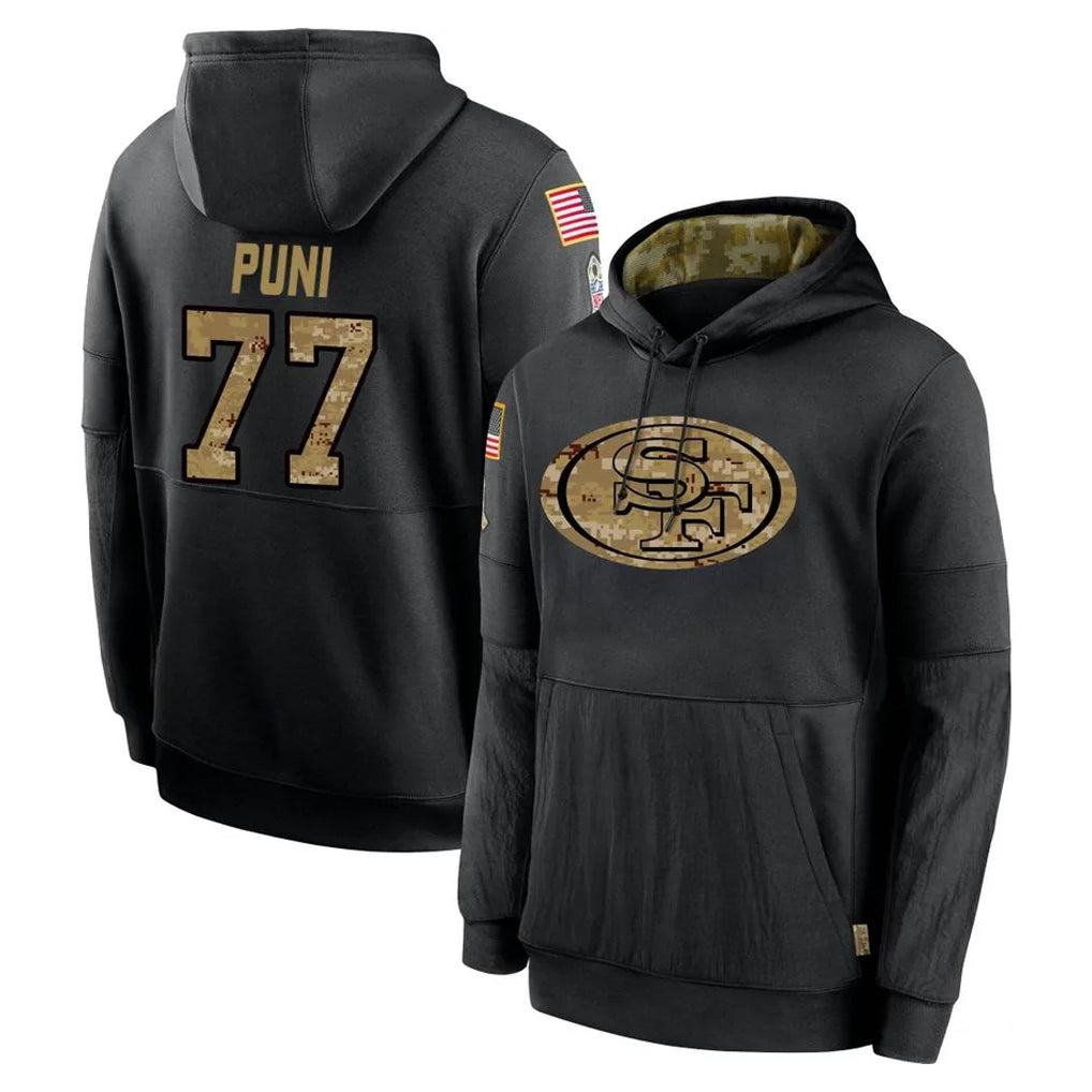 Kdoa SF.49ers #77 Dominick Puni Player Black Salute to Service Sideline Performance Pullover Hoodies Home Game Stitched Jerseys
