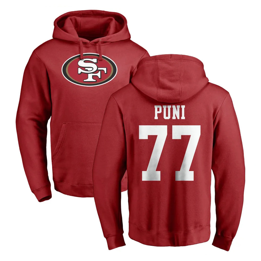 Kdoa SF.49ers #77 Dominick Puni Player Red LOGO Pullover Hoodies Home Game Stitched Jerseys