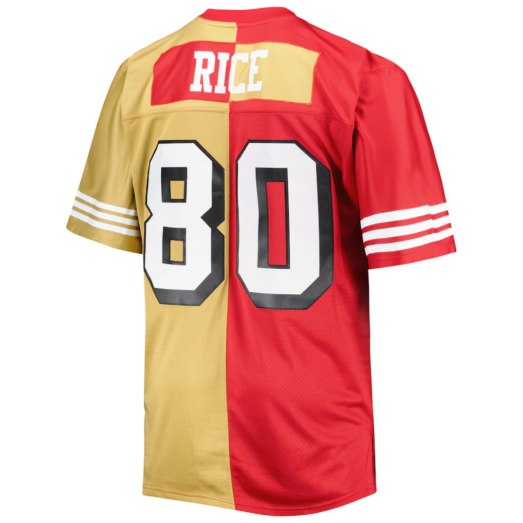 Kdoa SF.49ers #80 Jerry Rice Mitchell & Ness ScarletGold Big & Tall Split Legacy Retired Player Replica Jersey