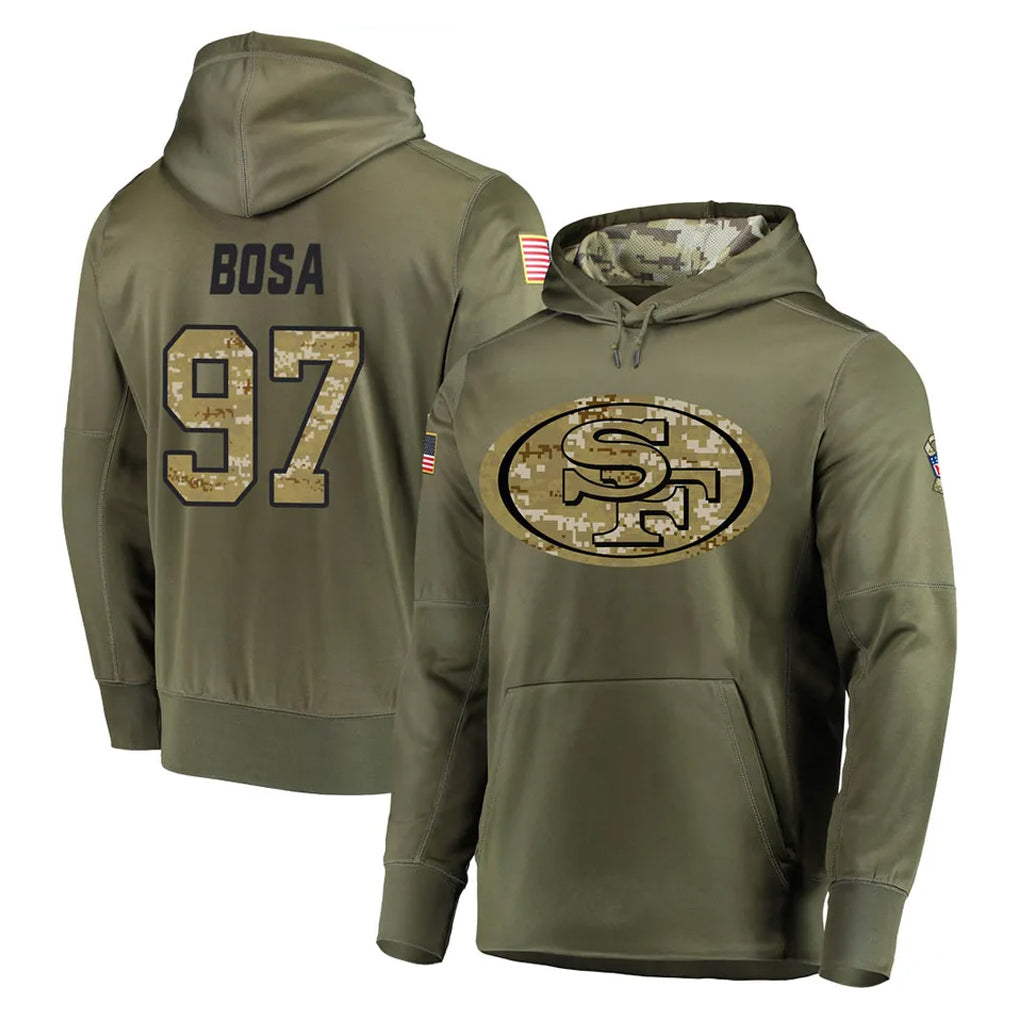 Kdoa SF.49ers #97 Nick Bosa Player Olive Salute to Service Pullover Hoodie Home Game Stitched Jerseys