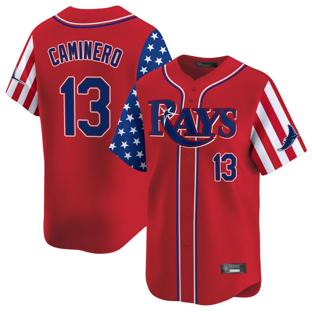 Kdoa TB.Rays #13 Junior Caminero Player Red 2025 Independence Day Vapor Premier Limited Stitched Jerseys