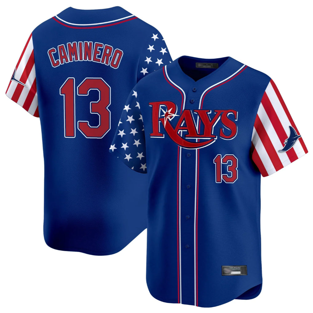 Kdoa TB.Rays #13 Junior Caminero Player Royal 2025 Independence Day Vapor Premier Limited Stitched Jerseys