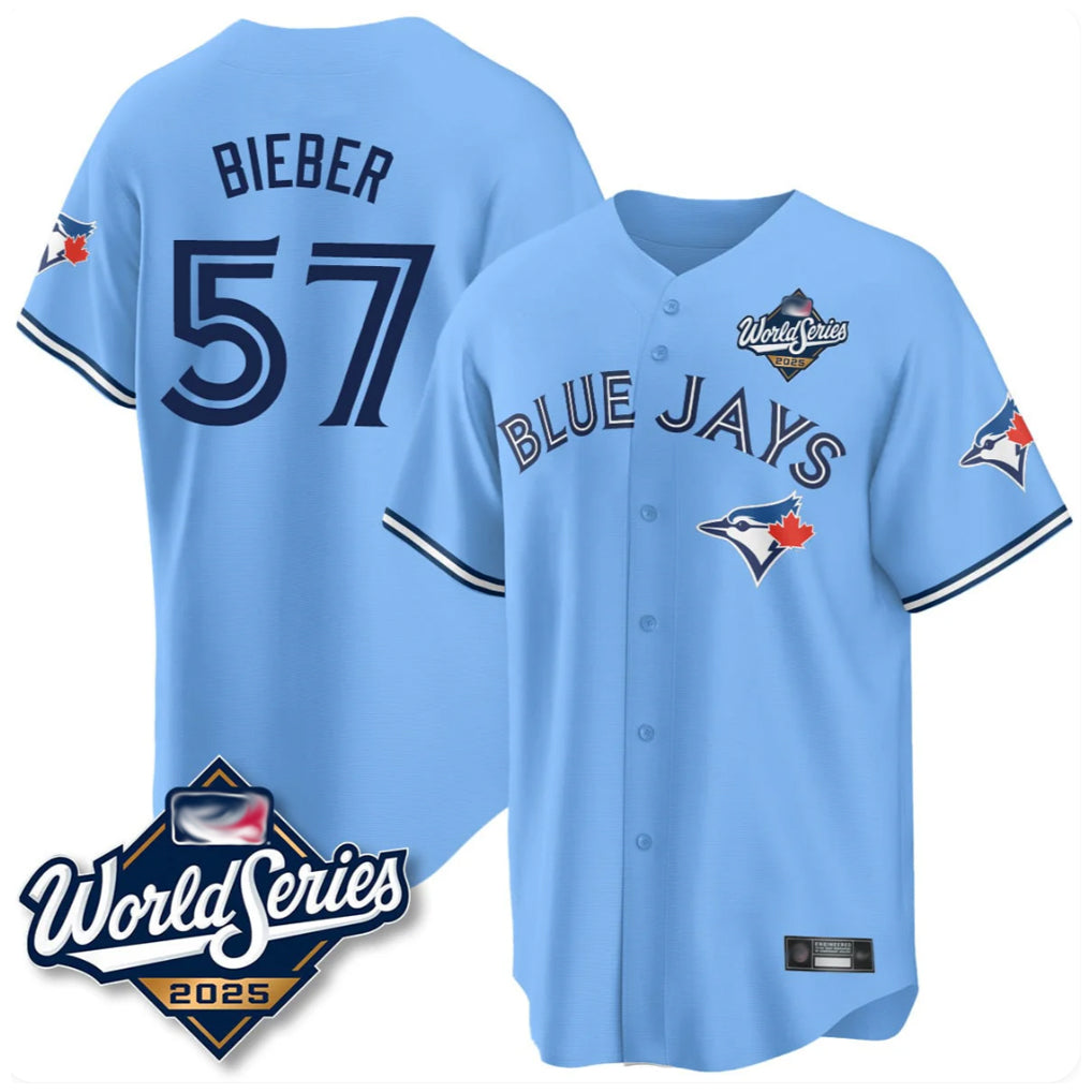Kdoa T.Blue Jays #57 Shane Bieber Player Blue 2025 World Series All Stitched Jerseys