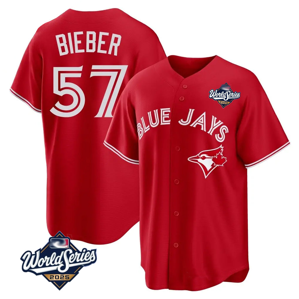 Kdoa T.Blue Jays #57 Shane Bieber Player Red 2025 World Series All Stitched Jerseys