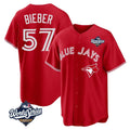Kdoa T.Blue Jays #57 Shane Bieber Player Red 2025 World Series All Stitched Jerseys