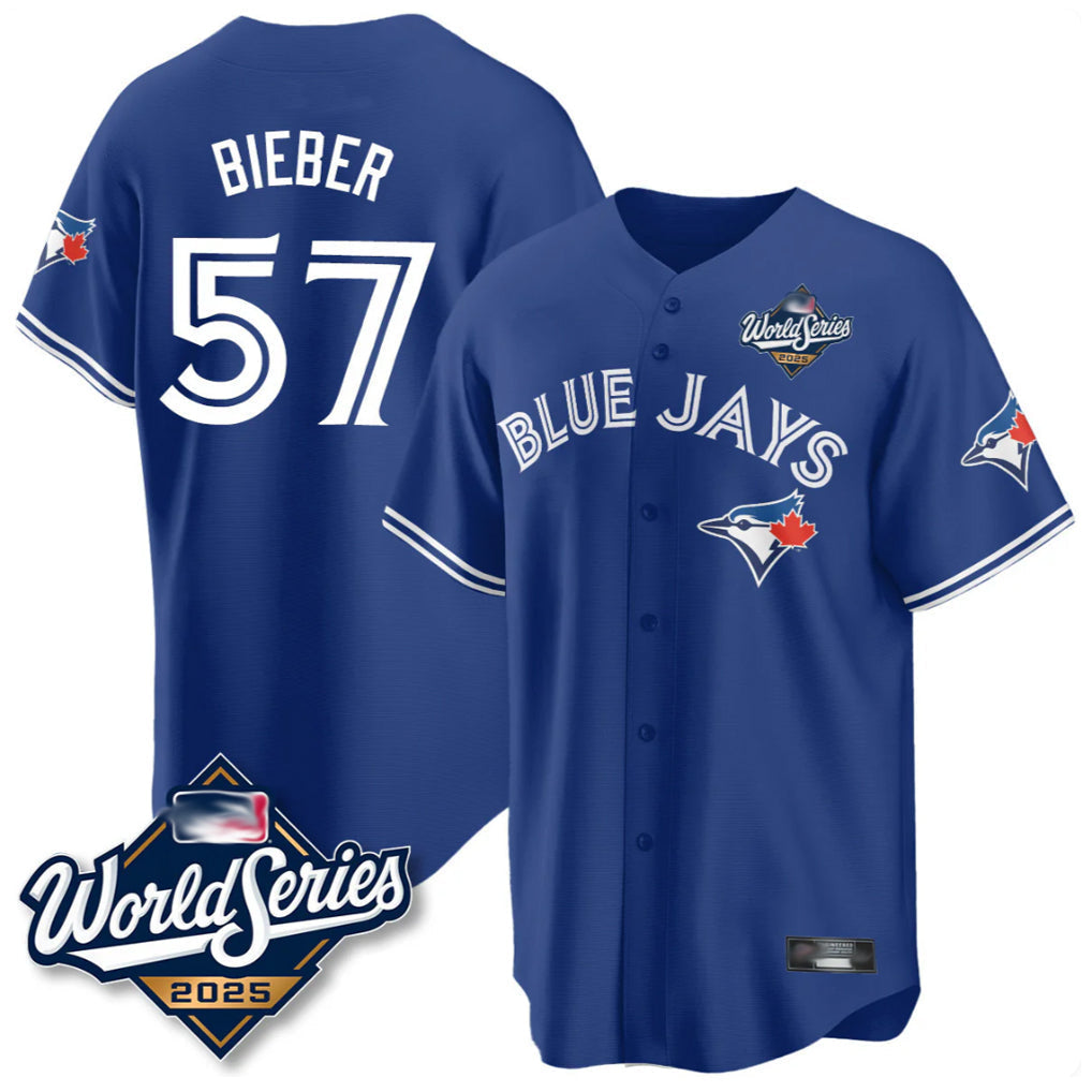 Kdoa T.Blue Jays #57 Shane Bieber Player Royal 2025 World Series All Stitched Jerseys