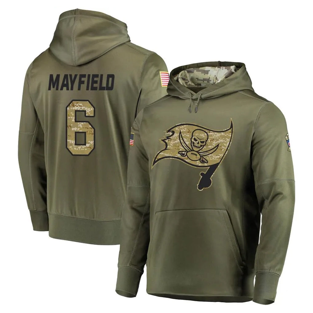 Kdoa TB.Buccaneers #6 Baker Mayfield Player Olive Salute to Service Pullover Hoodie Home Game Stitched Jerseys