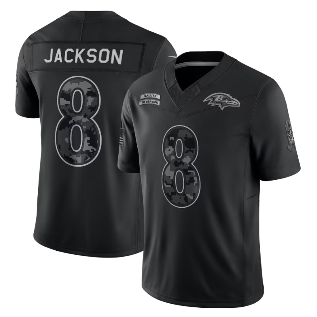 B.Ravens #8 Lamar Jackson Player Black Limited 2026 Salute to Service Home Game Kdoa Stitched Jerseys