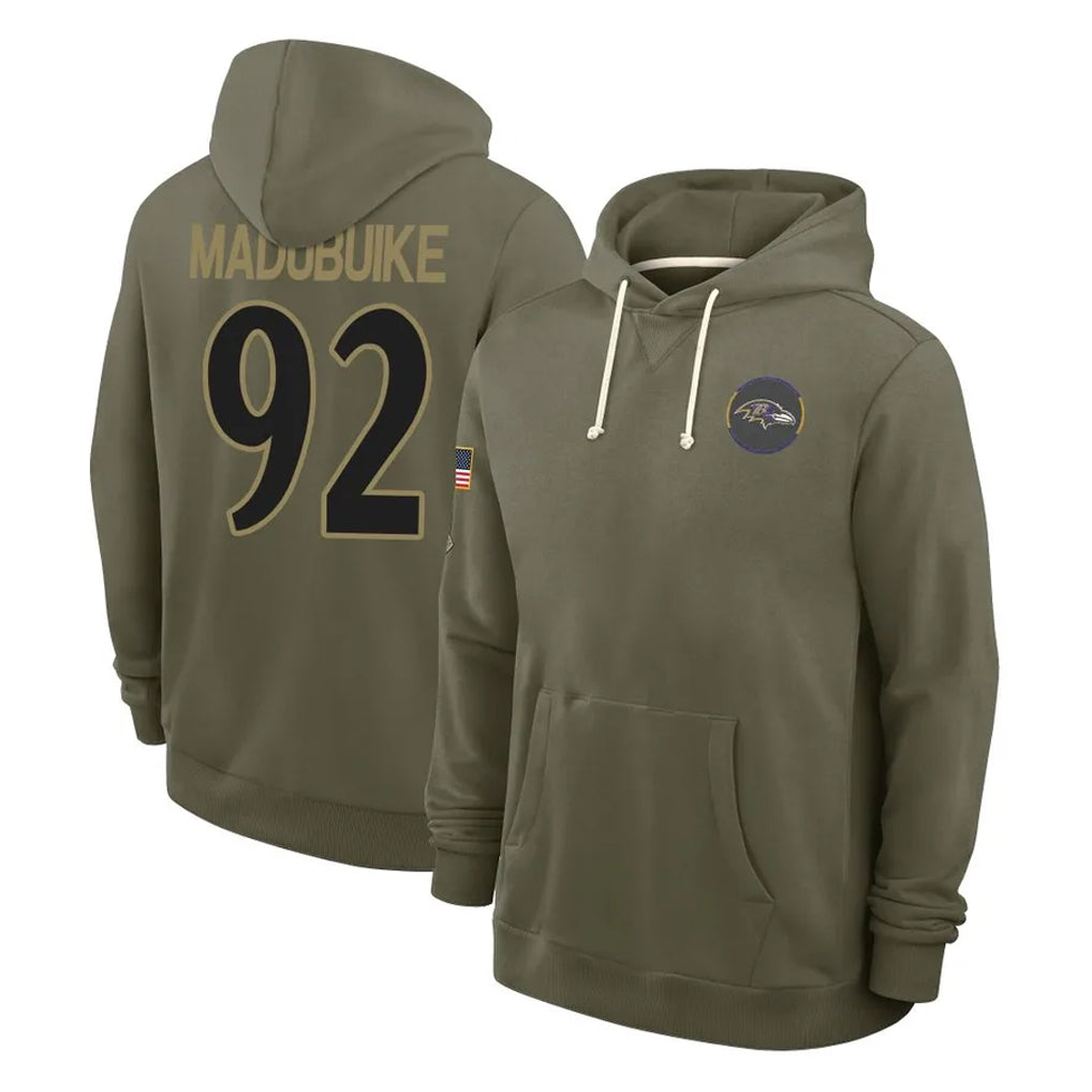 B.Ravens #92 Nnamdi Madubuike Player Olive Salute to Service Hoodie Kdoa Stitched Jerseys