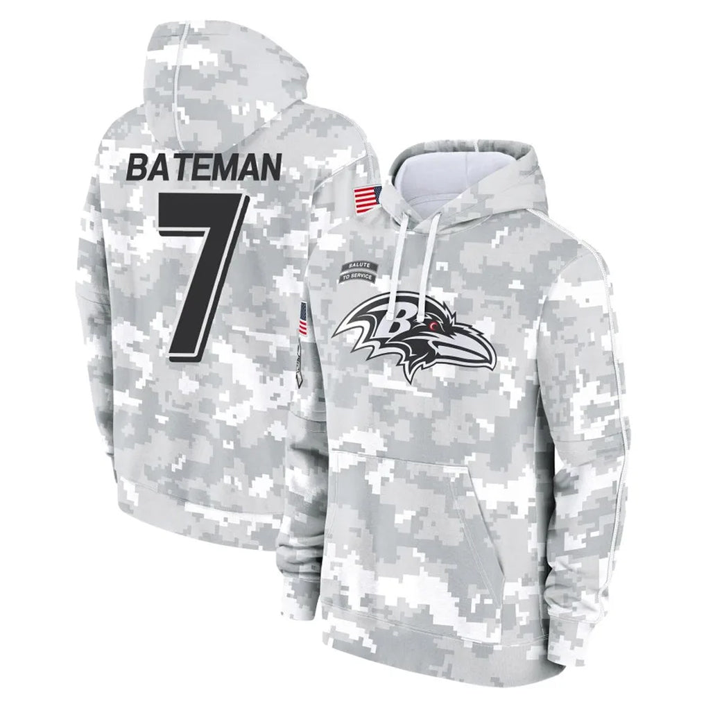 B.Ravens #7 Rashod Bateman Player Arctic Camo Salute to Service Pullover Hoodie Kdoa Stitched Jerseys