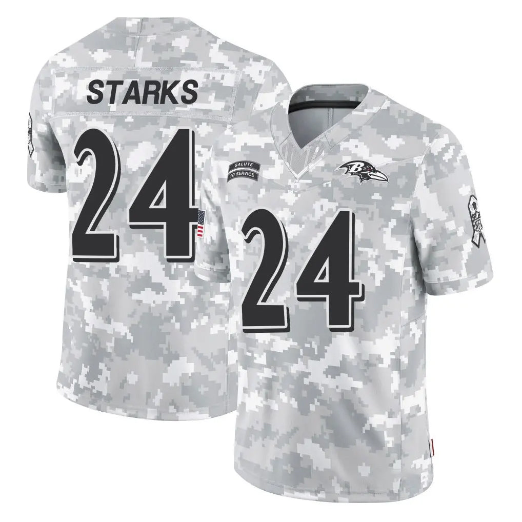 B.Ravens #24 Malaki Starks Player Arctic Camo Salute to Service Limited Kdoa Stitched Jerseys