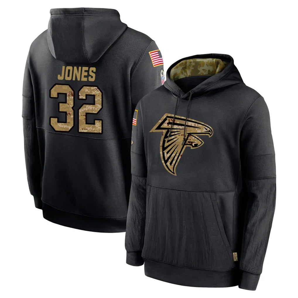 A.Falcons #32 Cash Jones Player Black Salute to Service Hoodies Game Kdoa Stitched Jerseys
